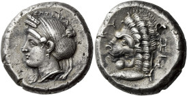 Mysia, Cyzicus 

Tetradrachm circa 390-340, AR 23 mm, 15.13 g. ΣΩΤΕΙΡΑ Head of Kore-Soteira l., wearing barley-wreath and earring; hair in sphendone...