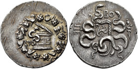 Pergamum 

Tetradrachm circa 96-92, AR 27 mm, 12.71 g. Cista mystica within ivy wreath. Rev. Two serpents entwined around bow and bowcase; above, BO...