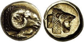 Lesbos, Mytilene 

Hecte circa 521-478, 10 mm, EL 2.51g. Ram’s head r.; beneath, gamecock. Rev. Lion’s head r., incuse. S NG von Aulock 1688. Bodens...