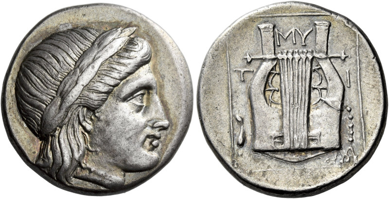 Lesbos, Mytilene 

Stater circa 350-350, AR 23 mm, 11.12 g. Laureate head of A...