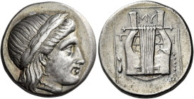 Lesbos, Mytilene 

Stater circa 350-350, AR 23 mm, 11.12 g. Laureate head of Apollo r. Rev. MY / T – I Lyre; in inner l. field, plectrum. All within...
