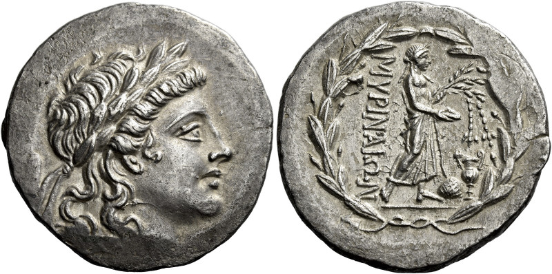 Myrina 

Tetradrachm circa 165-160, AR 29 mm, 16.21 g. Laureate head of Apollo...