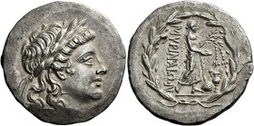 Myrina 

Tetradrachm circa 165-160, AR 29 mm, 16.21 g. Laureate head of Apollo r. Rev. MYPINAIΩN Apollo Grynios standing r., holding branch and phia...