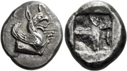Phocaea 

Drachm circa 500-460, AR 19 mm, 6.75 g. Forepart of griffin r., with open mouth and with his forepaws raised before him. Rev. Quadripartit...