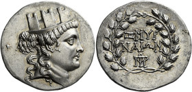 Smyrna 

Tetradrachm, magistrate Metrodoros (?) circa 160-150, AR 34 mm, 16.17 g. Turreted head of Tyche r. Rev. ΣΜΥΡ / ΝΑΙΩΝ / monogram; all within...