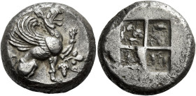 Teos 

Stater circa 540-478, AR 20 mm, 12.10 g. Griffin seated r., with l. foreleg raised; in r. field, bunch of grapes with tendril and leaves. Rev...