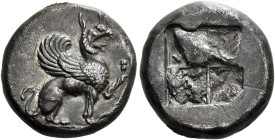 Teos 

Drachm circa 540-478, AR 17 mm, 5.74 g. Griffin seated r., with l. foreleg raised. Rev. Quadripartite incuse square. SNG Copenhagen 1433. Bal...