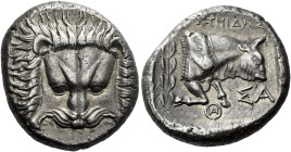 Islands off Ionia, Samos 

Tetradrachm, magistrate Aristeides circa 390, AR 22 mm, 15.23 g. Lion’s scalp facing. Rev. [AP]IΣTHIΔHΣ / ΣΑ Forepart of ...