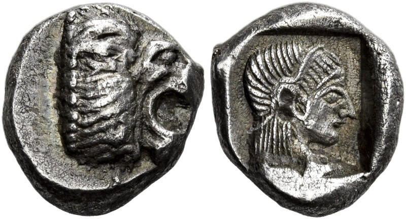 Caria, Cnidus 

Diobol circa 500, AR 11 mm, 1.78 g. Head of roaring lion r. Re...