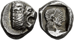 Caria, Cnidus 

Diobol circa 500, AR 11 mm, 1.78 g. Head of roaring lion r. Rev. Head of Aphrodite r. within rectangular incuse. SNG Lockett 2880 (t...