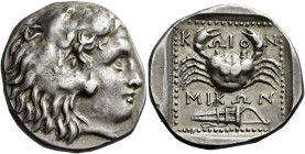 Islands off Caria, Cos 

Tetradrachm, magistrate Mikon circa 285-260, AR 27 mm, 15.02 g. Head of young Heracles r., wearing lion’s skin headdress. R...