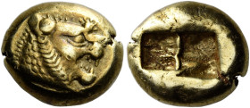 Kings of Lydia. Time of Alyattes to Croesus, before 561 

1/3 siglos or Trite, Sardes before 561, EL 12 mm, 4.78 g. Lion’s head r. with open jaws; o...