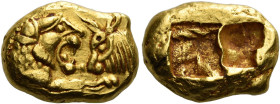 Time of Croesus, 561-546 or later

Light stater, Sardes circa 561-546 or later, AV 16 mm, 8.09 g. Confronting foreparts of lion, with open jaws and ...