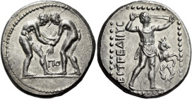 Pamphilia, Aspendos 

Stater circa 420-370, AR 25 mm, 10.32 g. Two wrestlers grappling; in lower middle field, ΠO. Rev. ECTFEΔIIIC Slinger standing ...