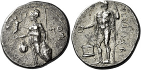 Side 

Stater circa 380-360, AR 23 mm, 10.70 g. Athena standing l., supporting shield and spear with l. hand, holding Nike in r.; in l. field, pomeg...