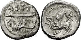 Byblos 

Urimilk III, circa 365-350. Shekel circa 365-350, AR 26 mm, 13.10 g. Galley l., prow decorated with lion’s head; on deck, three warriors l....