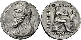 Kings of Parthia, Mithradates II, 129 – 88 

Tetradrachm, Seleucia circa 129-88, AR 29 mm, 15.78 g . Diademed bust of Mithradates l. Rev. ΒΑΣΙΛΕΩΣ /...