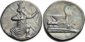 Persia, Achaemenid Empire 

time of Artaxerxes III to Darios III. Tetradrachm, Halicarnassus circa 350-333, AR 25 mm, 15.13 g. Persian king, wearing...