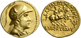 Eucratides I, circa 170 – 145

Stater, Pushkalavati circa 170-145, AV 19 mm, 8.50 g. Draped bust r., wearing helmet, adorned with bull’s horn and ea...