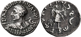 Menander II, circa 90 – 85 

Drachm, Parapamisadae circa 90-80, AR 17 mm, 2.24 g. ΒΑΣΙΛΕΩΣ ΔΙΚΑΙΟΥ Diademed, draped and cuirassed bust l., seen from...