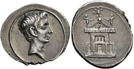 Octavian 32 – 27 

Denarius, Brundisium and Roma (?) circa 29-27 BC, AR 22 mm, 3.87 g. Bare head r. Rev. IMP.CAESAR on architrave of temple with col...
