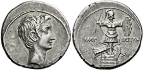 Octavian 32 – 27 

Denarius, Brundisium and Roma (?) circa 29-27 BC, AR 19 mm, 3.75 g. Bare head r. Rev. IMP – CAESAR Military trophy, its base cros...