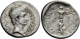 Octavian as Augustus, 27 BC – 14 AD 

Denarius, Emerita circa 25-23 BC, AR 19 mm, 3.80 g. IMP CAESAR – AVGVST Bare head r. Rev. P CARISIVS – LEG PRO...