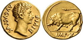 Octavian as Augustus, 27 BC – 14 AD 

Aureus, Lugdunum 15-13, AV 20 mm, 7.76 g. AVGVSTVS – DIVI F Bare head r. Rev. Bull butting l.; in exergue, IMP...