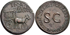 In the name of Julia, daughter of Augustus 

Sestertius circa 22-23, Æ 35 mm, 27.76 g. S·P·Q·R / IVLIAE / AVGVST Carpentum with ornamented sides dra...