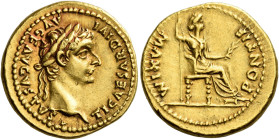 Tiberius augustus, 14 – 37 

Aureus, Lugdunum circa 14-37, AV 20 mm, 7.61 g. TI CAESAR DIVI – AVG F AVGVSTVS Laureate head r. Rev. PONTIF – MAXIM Dr...