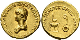 Nero caesar, 50 – 54 

Aureus 50-54, AV 19 mm, 7.72 g. NERO CLAVD CAES DRVSVS GERM PRINC IVVENT Bare-headed and draped bust of Nero l. Rev. [SACE]RD...