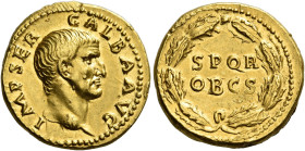 Galba, 68 – 69 

Aureus July 68-January 69, AV 19 mm, 7.30 g. IMP SER GALBA AVG Bare head r. Rev. S P Q R / OB C S in oak wreath. C 286. BMC 29. RIC...