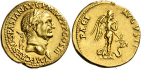 Vespasian, 69 – 79 

Aureus, Lugdunum 71, AV 20 mm, 7.23 g. IMP CAES VESPASIAN AVG P M TR PPP COS III Laureate head r. Rev. PACI – AVGVSTI Pax-Nemes...