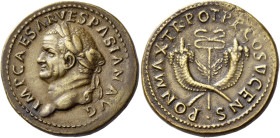 Vespasian, 69 – 79 

Dupondius, 74, Æ 28 mm, 12.88 g. IMP CAESAR VESPASIAN AVG Laureate head l. Rev. PON MAX TR POT P P COS V CENS Two cornuacopiae ...