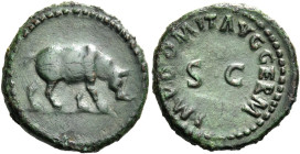 Domitian augustus, 81 – 96 

Quadrans 84-85, Æ 17 mm, 2.30 g. Rhinoceros advancing r. Rev. IMP DOMIT AVG GERM around S C. C 673. BMC 496. RIC 248. C...