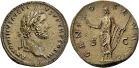 Antoninus Pius augustus, 138 – 161 

Sestertius 140-144, Æ 34 mm, 23.24 g. ANTONINVS AVG PI – VS P P TR P COS III Laureate head r. Rev. GENI – O – S...