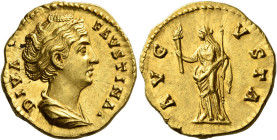 Faustina I, wife of Antoninus Pius 

Diva Faustina. Aureus after 141, AV 20 mm, 7.31 g. DIVA – FAVSTINA Draped bust r. her hair bound with pearls an...