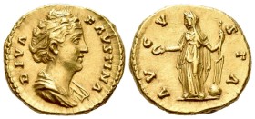 Faustina I, wife of Antoninus Pius

Diva Faustina. Aureus after 141, AV 19 mm, 7.19 g. DIVA – FAVSTINA Draped bust r., her hair bound with pearls an...
