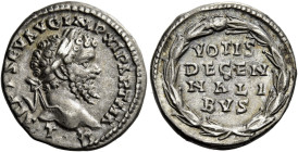 Septimius Severus, 193 – 211 

Denarius, Laodicaea 198-202, AR 19 mm, 3.60 g. L SEPT SEV AVG IMP XI PART MA – X Laureate head r. Rev. VOTIS / DECEN ...