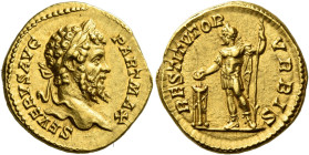 Septimius Severus, 193 – 211

Aureus 201, AV 20 mm, 7.32 g. SEVERVS AVG – PART MAX Laureate r. Rev. RESTITVTOR – VRBIS Severus, in military dress, s...