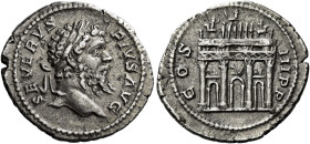 Septimius Severus, 193 – 211 

Denarius 202-210, AR 20 mm, 2.89 g. SEVERVS – PIVS AVG Laureate head r. Rev. COS – III P P Triumphal arch of Severus,...
