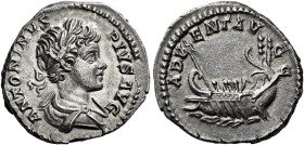 Caracalla augustus, 198 – 217 

Denarius 201-206, AR 18 mm, 3.24 g. ANTONINVS – PIVS AVG Laureate, draped and cuirassed bust r. Rev. ADV – ENT AVG G...