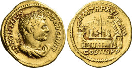 Caracalla augustus, 198 – 217 

Aureus 213, AV 20 mm, 7.28 g. ANTONINVS – PIVS AVG BRIT Laureate, draped, and cuirassed bust r. Rev. P M TR P XVI – ...