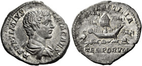 Geta caesar, 198 – 209 

Denarius 202-209, AR 20 mm, 3.40 g. P SEPTIMIVS – GETA CAES Bare-headed and draped bust r. Rev. LAETITIA – TEMPORVM Ship in...