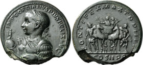 Gordian III augustus, 238 – 244

Bimetallic medallion 241, Æ 38 mm, 51.50 g. IMP GORDIANVS PIVS FELIX AVG Laureate and cuirassed bust l., holding Vi...