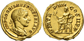 Gordian III augustus, 238 – 244 

Aureus 241-243, AV 20 mm, 4.94 g. IMP GORDIANVS PIVS FEL AVG Laureate, draped and cuirassed bust r. Rev. P – M TR ...