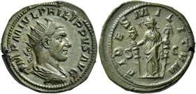 Philip I, 244 – 249

Dupondius circa 244-249, Æ 27 mm, 12.82 g. IMP M IVL PHILIPPVS AVG Radiate, draped and cuirassed bust r. Rev. FIDES MILITVM / S...