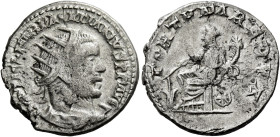 Pacatianus, 248 – 249 

Antoninianus, Viminacium 248-249, AR 22 mm, 4.44 g. IMP TI CL MAR PACATIANVS P F AVG Radiate, draped and cuirassed bust r. R...