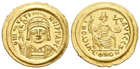 Justin II, 15 November 565 – 5 October 578

Solidus, Ravenna 565-578, AV 21 mm, 4.44 g. D N I – VSTI – NVS PP AVG Helmeted, pearl-diademed and cuira...