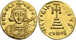 Tiberius III Apsimar, 698 – 705 

Solidus 698-705, AV 18 mm, 4.45 g. D tIbЄRI – ЧS PЄ – AV Bearded and cuirassed bust facing, wearing crown with cro...